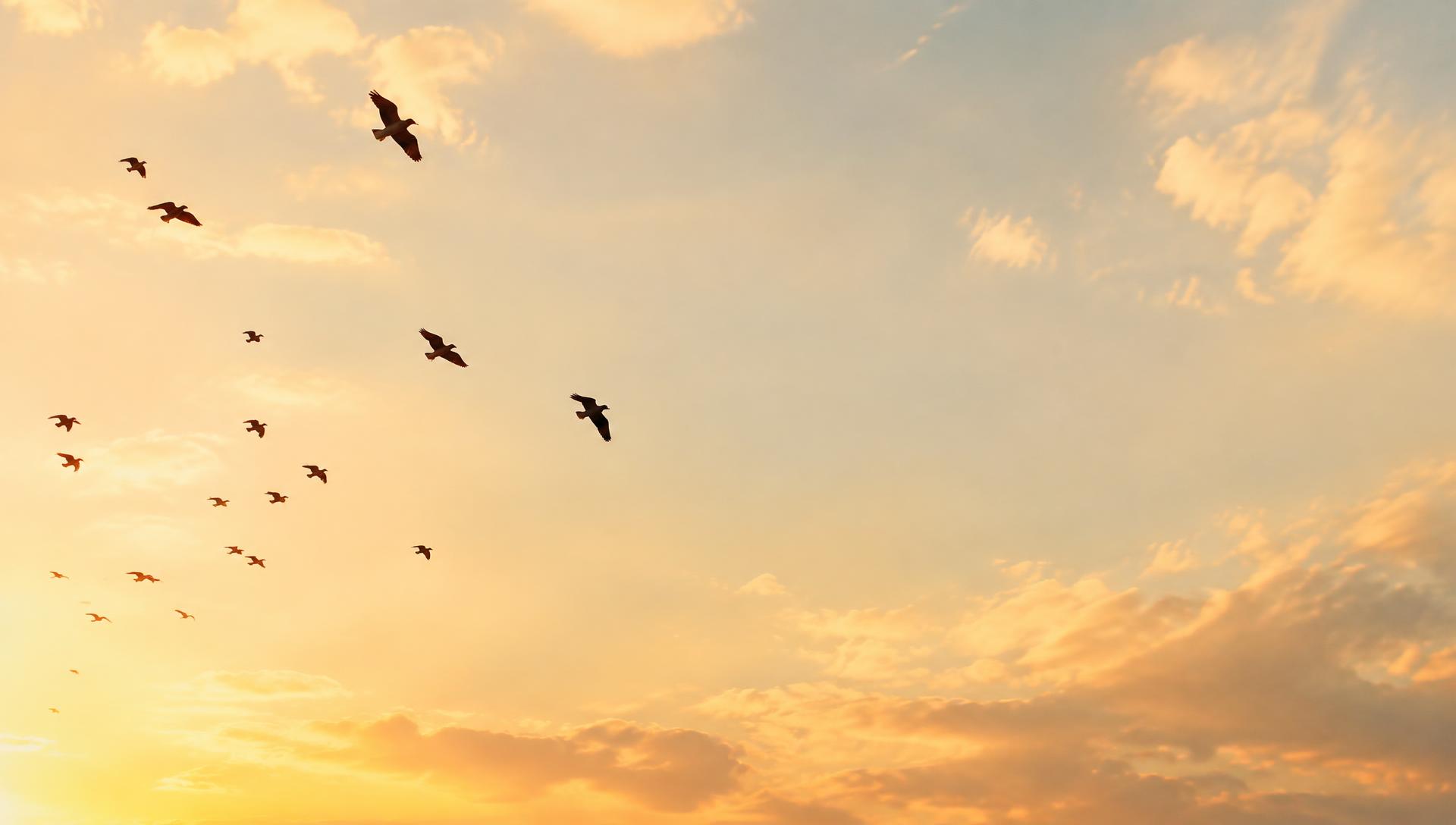 A flock of birds soaring across a golden sky